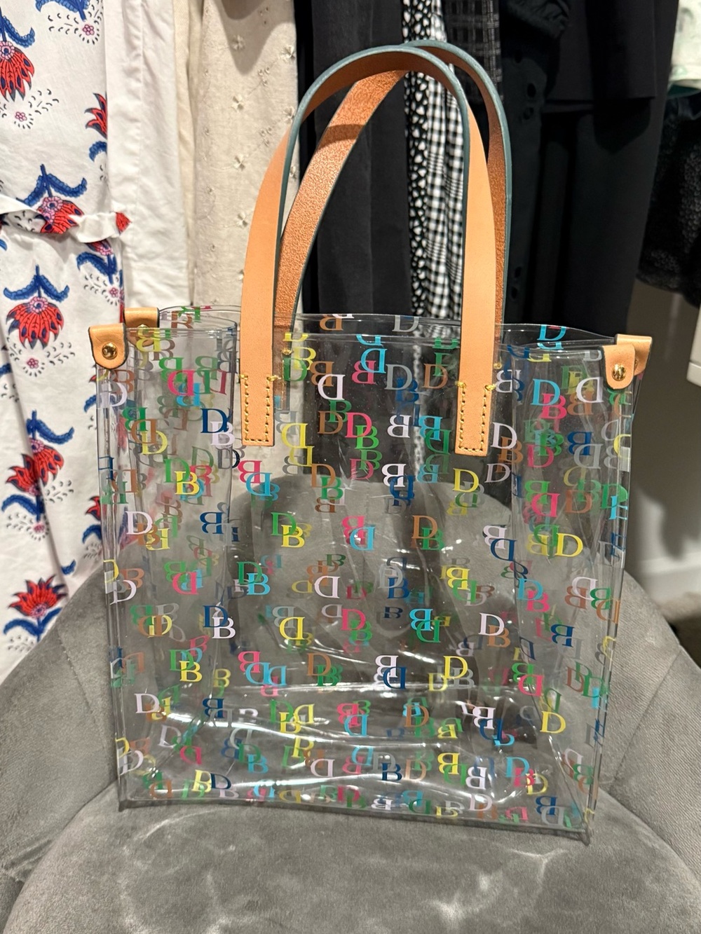 Dooney & Bourke Clear Multicolor DB Logo Tote with Tan Leather Handles